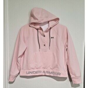 Under Armour Women Size Large Pink Loose Fit Rival Fleece Mesh Hoodie Athleisure